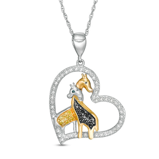 0.2 CT. T.W. Enhanced Multi-Color and White Natural Diamond Giraffes Heart Pendant in Sterling Silver and 14K Gold Plate