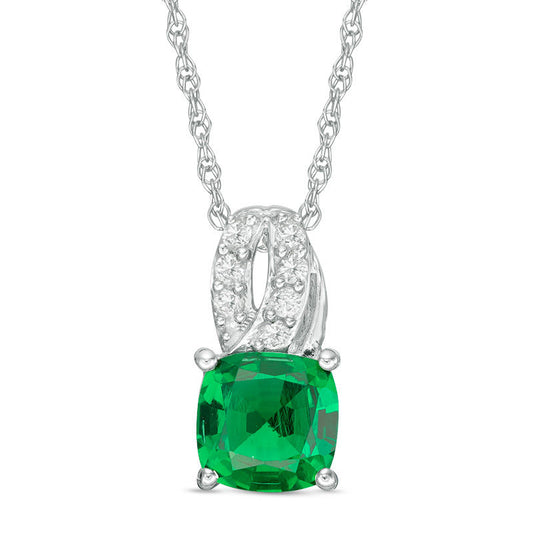 7.0mm Cushion-Cut Lab-Created Emerald and White Sapphire Pendant in Sterling Silver