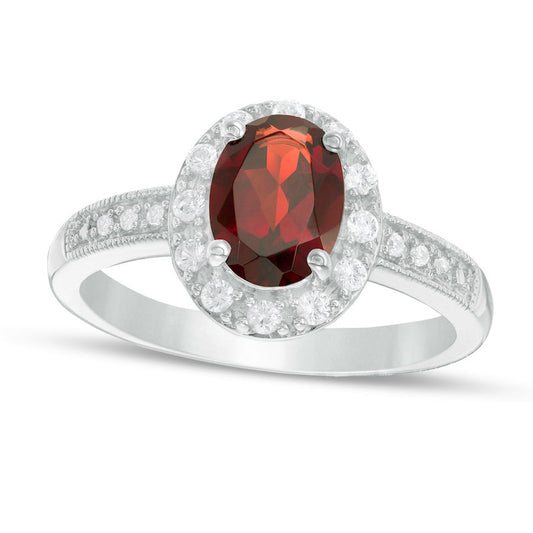 Oval Garnet and Lab-Created White Sapphire Frame Antique Vintage-Style Ring in Sterling Silver