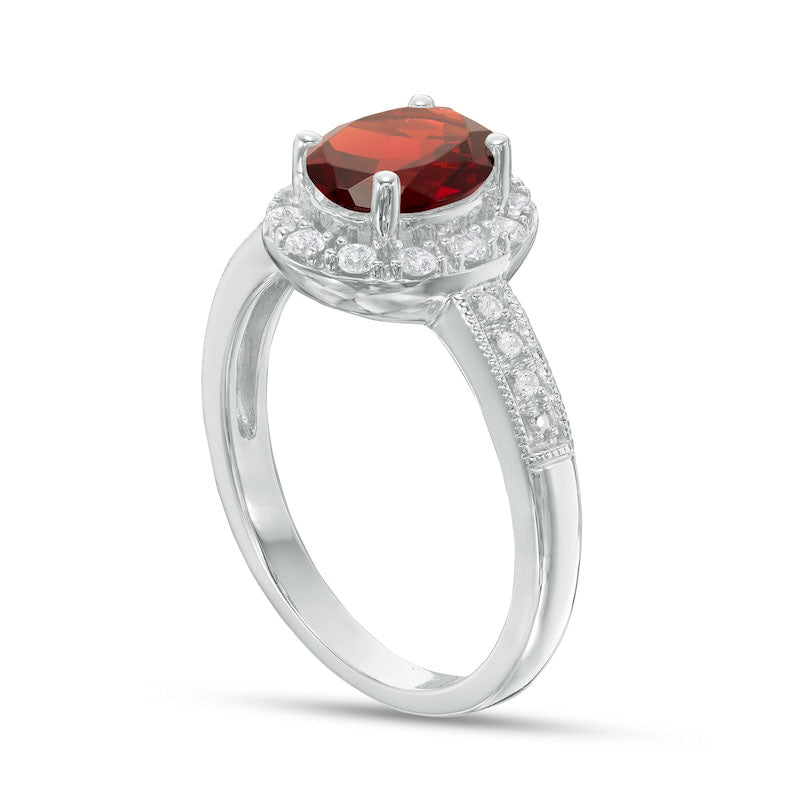 Oval Garnet and Lab-Created White Sapphire Frame Antique Vintage-Style Ring in Sterling Silver