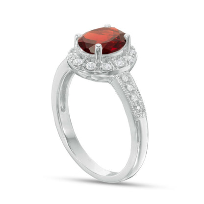 Oval Garnet and Lab-Created White Sapphire Frame Antique Vintage-Style Ring in Sterling Silver