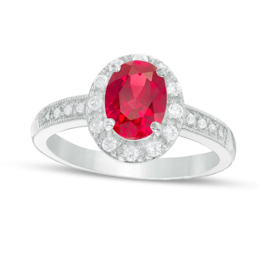 Oval Lab-Created Ruby and White Sapphire Frame Antique Vintage-Style Ring in Sterling Silver