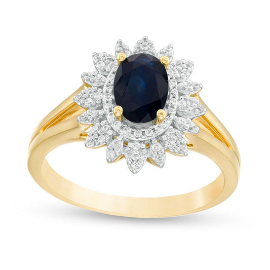 Oval Blue Sapphire and 0.20 CT. T.W. Natural Diamond Flower Frame Split Shank Ring in Solid 10K Yellow Gold