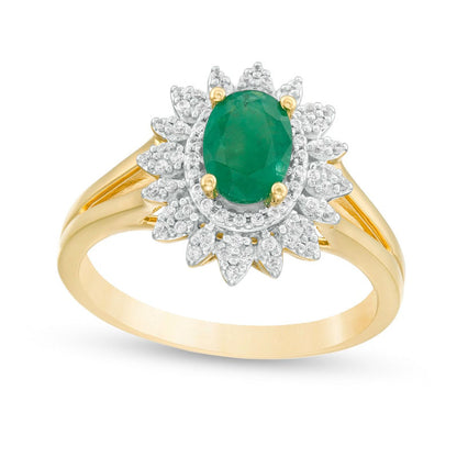 Oval Emerald and 0.20 CT. T.W. Natural Diamond Flower Frame Split Shank Ring in Solid 10K Yellow Gold