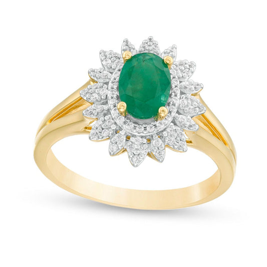 Oval Emerald and 0.20 CT. T.W. Natural Diamond Flower Frame Split Shank Ring in Solid 10K Yellow Gold