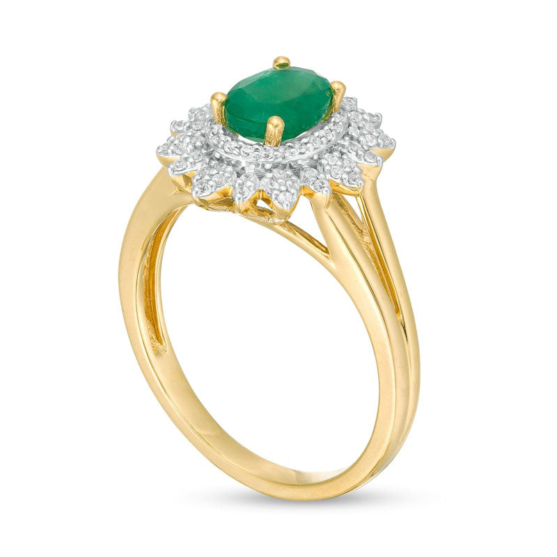 Oval Emerald and 0.20 CT. T.W. Natural Diamond Flower Frame Split Shank Ring in Solid 10K Yellow Gold