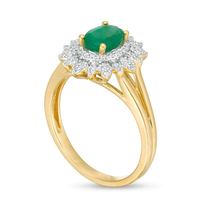 Oval Emerald and 0.20 CT. T.W. Natural Diamond Flower Frame Split Shank Ring in Solid 10K Yellow Gold