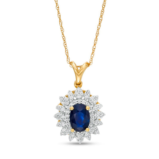 Oval Blue Sapphire and 0.2 CT. T.W. Natural Diamond Flower Frame Pendant in 10K Yellow Gold