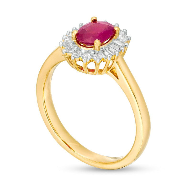 Oval Ruby and 0.20 CT. T.W. Baguette and Round Natural Diamond Starburst Frame Ring in Solid 10K Yellow Gold