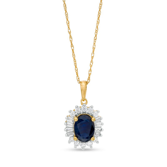 Oval Blue Sapphire and 0.2 CT. T.W. Baguette and Round Natural Diamond Starburst Frame Pendant in 10K Yellow Gold