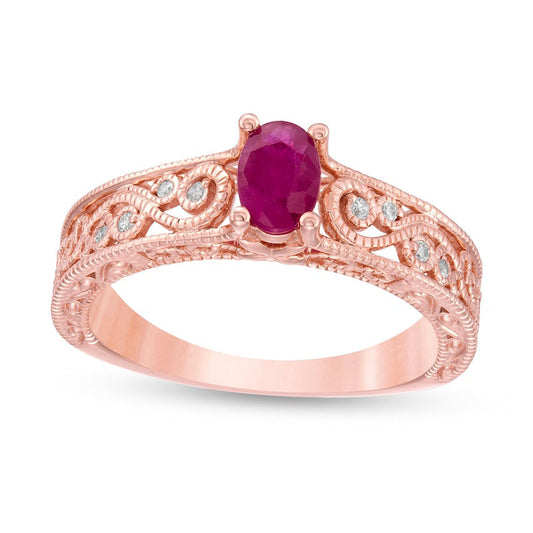 Oval Ruby and 0.05 CT. T.W. Natural Diamond Scroll Open Shank Antique Vintage-Style Ring in Solid 10K Rose Gold