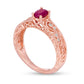 Oval Ruby and 0.05 CT. T.W. Natural Diamond Scroll Open Shank Antique Vintage-Style Ring in Solid 10K Rose Gold