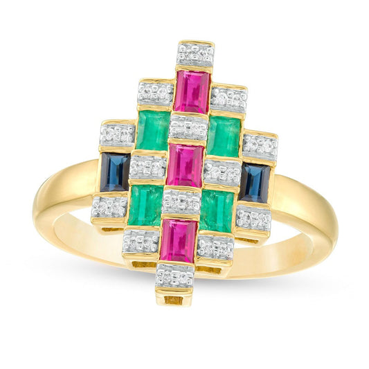 Baguette Ruby, Emerald, Blue Sapphire and 0.07 CT. T.W. Natural Diamond Geometric Ring in Solid 10K Yellow Gold