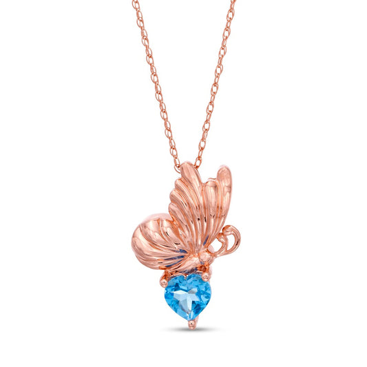 5.0mm Heart-Shaped Swiss Blue Topaz Butterfly Pendant in 10K Rose Gold