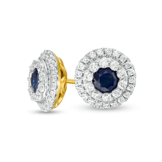 4.0mm Blue Sapphire and 0.5 CT. T.W. Diamond Double Frame Stud Earrings in 10K Gold