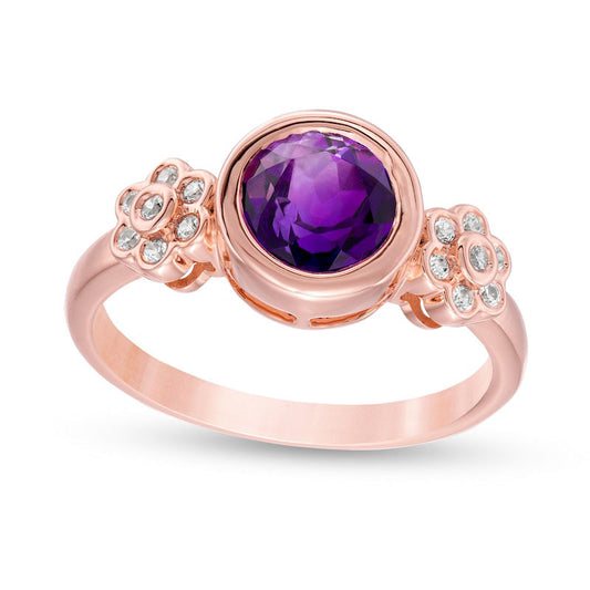 7.0mm Amethyst and 0.10 CT. T.W. Natural Diamond Double Flower Ring in Solid 10K Rose Gold