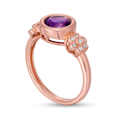 7.0mm Amethyst and 0.10 CT. T.W. Natural Diamond Double Flower Ring in Solid 10K Rose Gold