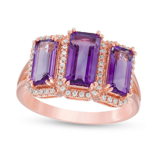 Emerald-Cut Amethyst and 0.20 CT. T.W. Natural Diamond Frame Three Stone Split Shank Ring in Solid 10K Rose Gold