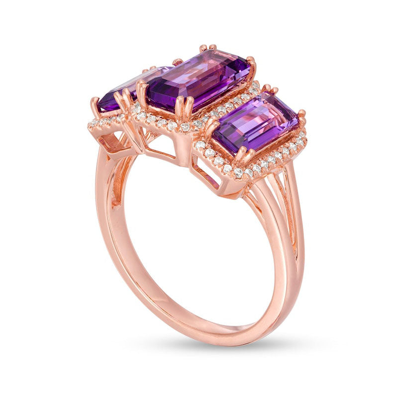 Emerald-Cut Amethyst and 0.20 CT. T.W. Natural Diamond Frame Three Stone Split Shank Ring in Solid 10K Rose Gold