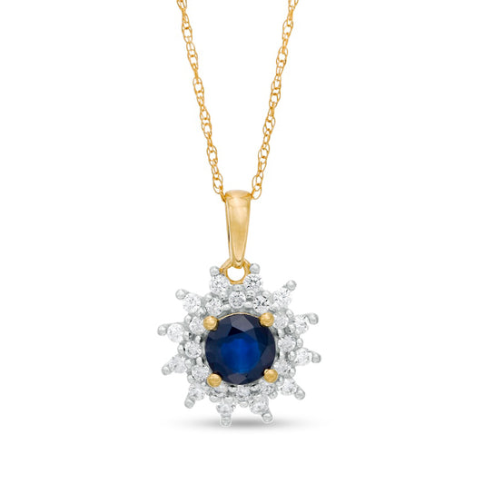 5.0mm Blue Sapphire and 0.25 CT. T.W. Natural Diamond Sunburst Frame Pendant in 10K Yellow Gold