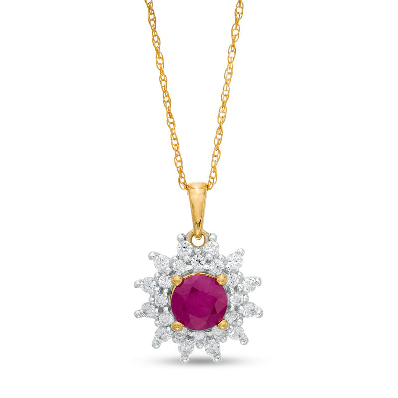 5.0mm Ruby and 0.25 CT. T.W. Natural Diamond Sunburst Frame Pendant in 10K Yellow Gold
