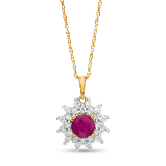 5.0mm Ruby and 0.25 CT. T.W. Natural Diamond Sunburst Frame Pendant in 10K Yellow Gold