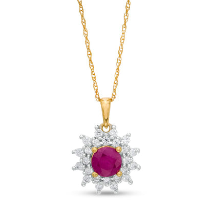 5.0mm Ruby and 0.25 CT. T.W. Natural Diamond Sunburst Frame Pendant in 10K Yellow Gold