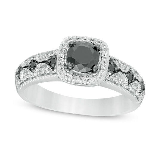 0.75 CT. T.W. Enhanced Black and White Natural Diamond Cushion Frame Antique Vintage-Style Engagement Ring in Solid 10K White Gold