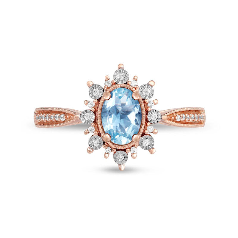 Oval Aquamarine and 0.10 CT. T.W. Natural Diamond Sunburst Frame Antique Vintage-Style Tapered Shank Ring in Solid 10K Rose Gold