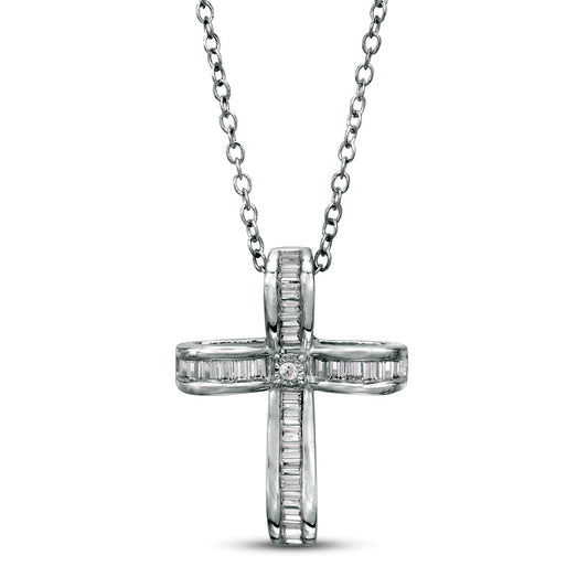 0.33 CT. T.W. Baguette and Round Natural Diamond Cross Pendant in Sterling Silver