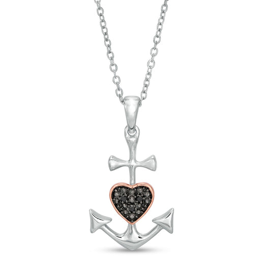 Enhanced Black Natural Diamond Accent Heart Anchor Pendant in Sterling Silver and 14K Rose Gold Plate