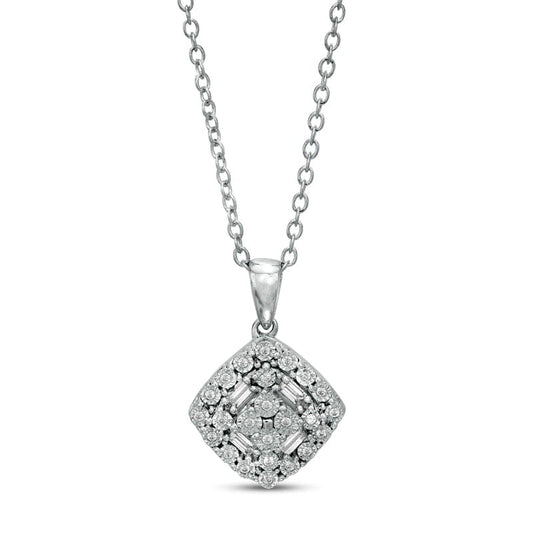 0.1 CT. T.W. Composite Cushion Natural Diamond Tilted Frame Pendant in Sterling Silver