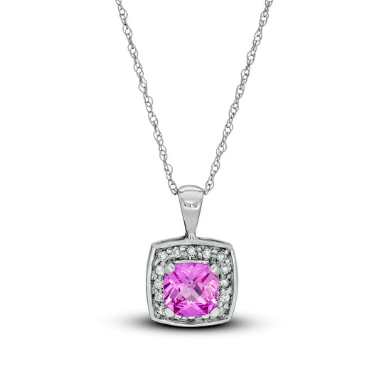 6.0mm Cushion-Cut Lab-Created Pink Sapphire and 0.13 CT. T.W. Diamond Frame Pendant in 10K White Gold