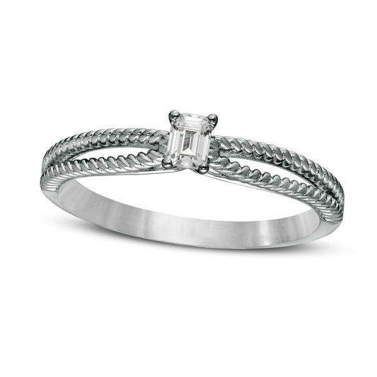 0.20 CT. Emerald-Cut Natural Clarity Enhanced Diamond Solitaire Rope Split Shank Ring in Solid 14K White Gold