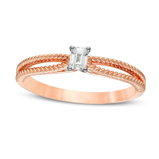 0.20 CT. Emerald-Cut Natural Clarity Enhanced Diamond Solitaire Rope Split Shank Promise Ring in Solid 14K Rose Gold