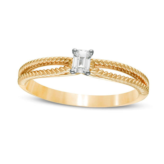 0.20 CT. Emerald-Cut Natural Clarity Enhanced Diamond Solitaire Rope Split Shank Promise Ring in Solid 14K Gold