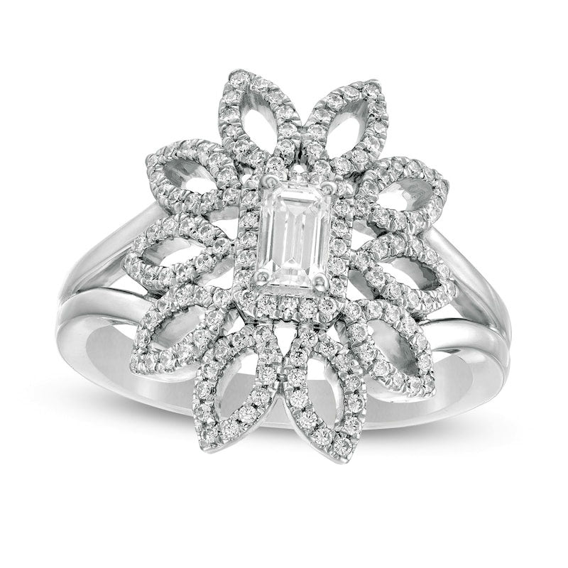 0.63 CT. T.W. Emerald-Cut Natural Diamond Open Flower Split Shank Ring in Solid 10K White Gold