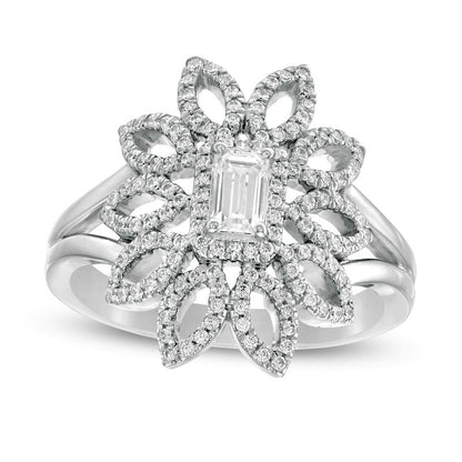 0.63 CT. T.W. Emerald-Cut Natural Diamond Open Flower Split Shank Ring in Solid 10K White Gold