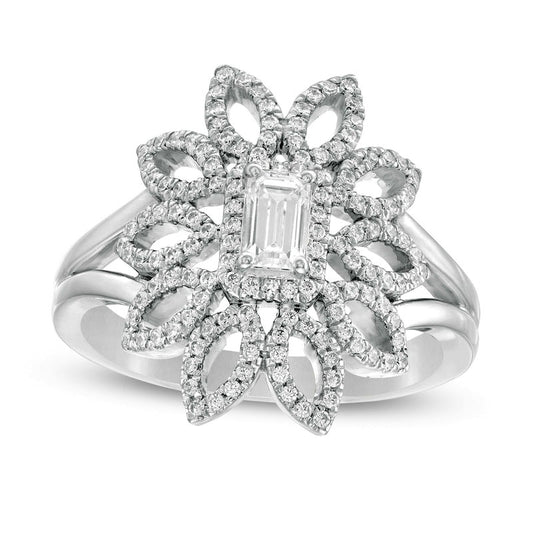 0.63 CT. T.W. Emerald-Cut Natural Diamond Open Flower Split Shank Ring in Solid 10K White Gold