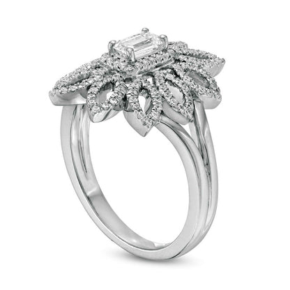 0.63 CT. T.W. Emerald-Cut Natural Diamond Open Flower Split Shank Ring in Solid 10K White Gold