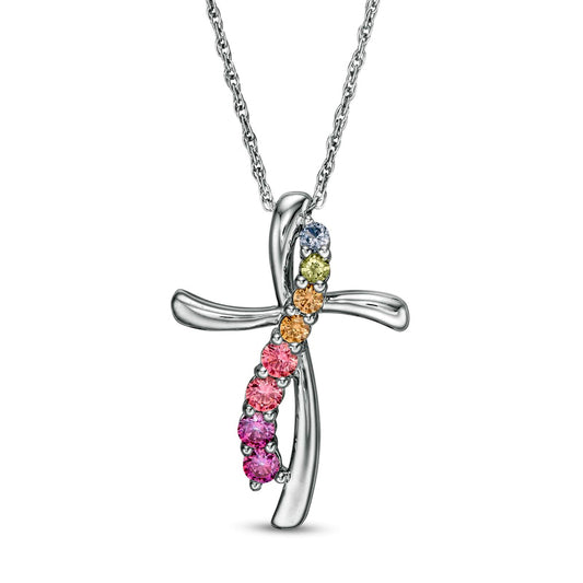Simulated Light Multi-Color Sapphire Ribbon Swirl Cross Pendant in Sterling Silver