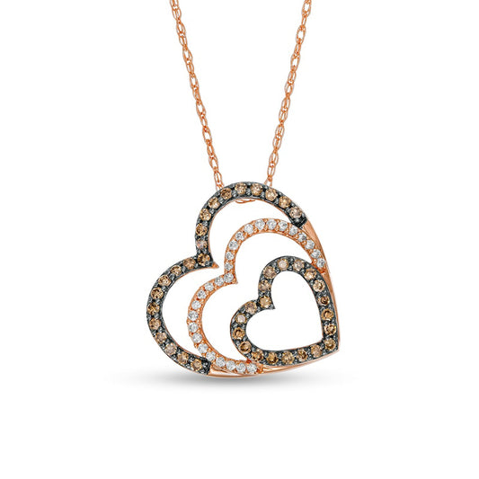 0.25 CT. T.W. Champagne and White Natural Diamond Tilted Hearts Pendant in 10K Rose Gold