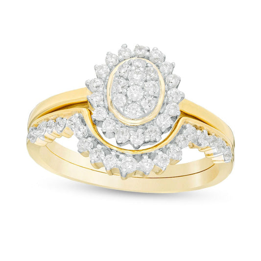 0.50 CT. T.W. Composite Oval Natural Diamond Frame Sunburst Bridal Engagement Ring Set in Solid 10K Yellow Gold