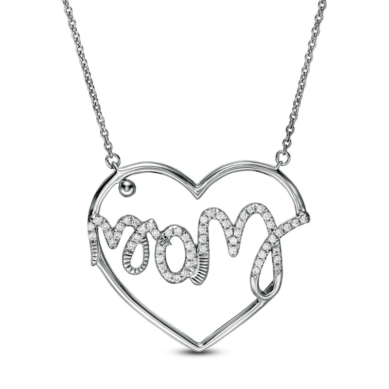 0.17 CT. T.W. Natural Diamond "Mom" Heart Necklace in 10K White Gold