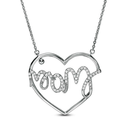 0.17 CT. T.W. Natural Diamond "Mom" Heart Necklace in 10K White Gold