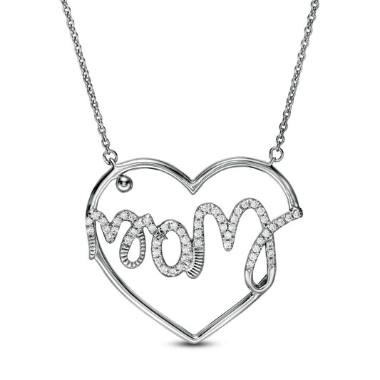 0.17 CT. T.W. Natural Diamond "Mom" Heart Necklace in 10K White Gold
