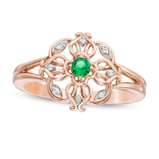 3.0mm Lab-Created Emerald and Diamond Accent Filigree Clover Split Shank Ring in Solid 10K Rose Gold