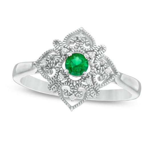 3.5mm Lab-Created Emerald and Diamond Accent Filigree Heart Antique Vintage-Style Kite Ring in Sterling Silver