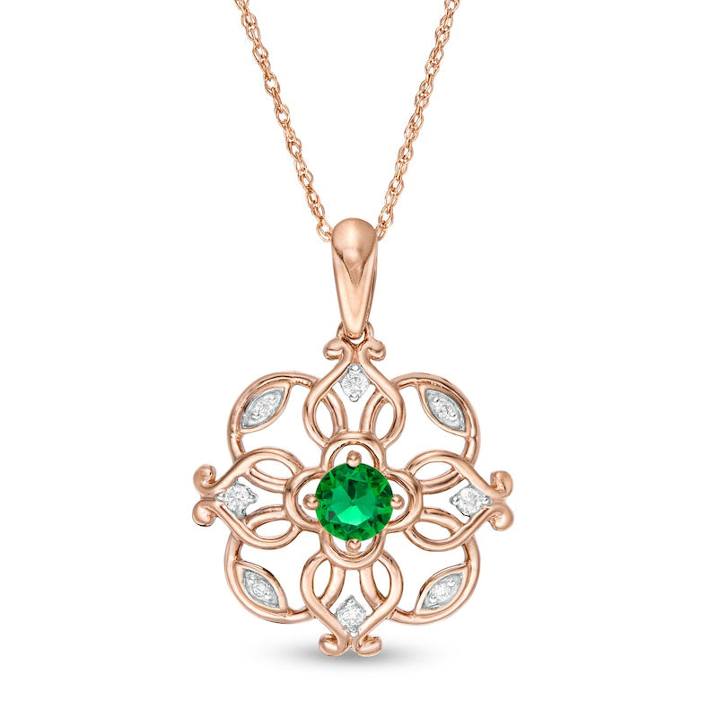 4.0mm Lab-Created Emerald and 0.05 CT. T.W. Diamond Filigree Clover Pendant in 10K Rose Gold