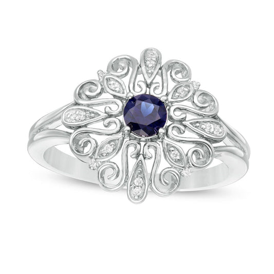 4.0mm Lab-Created Blue Sapphire and Diamond Accent Filigree Scroll Split Shank Ring in Sterling Silver